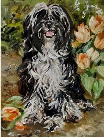 A black and white tibetan terrier sits in a patch of tulips in this painting by Susan Harper